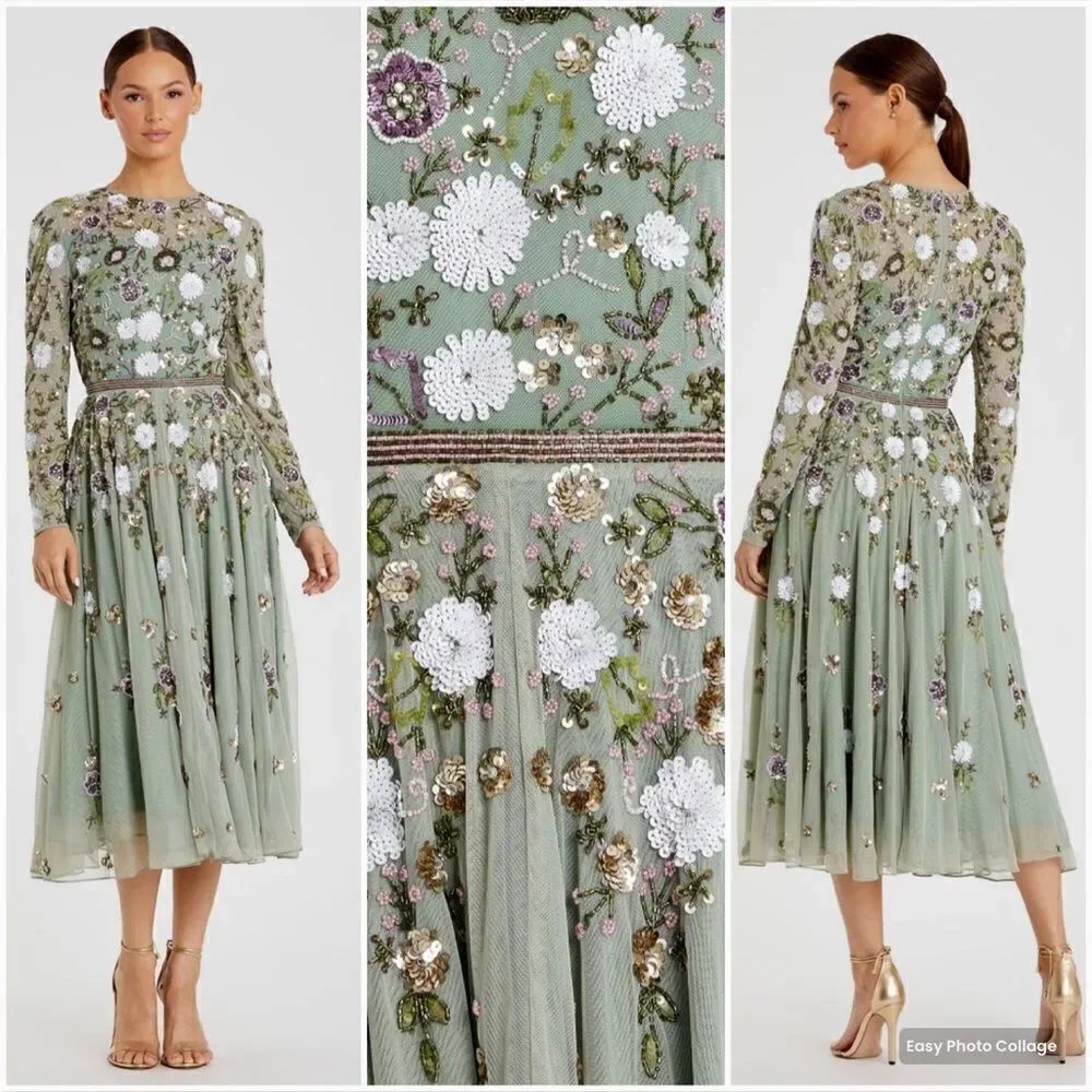 MAC DUGGAL Size 14 Green Long Sleeve Sequin Beaded Floral Midi Gown Dress